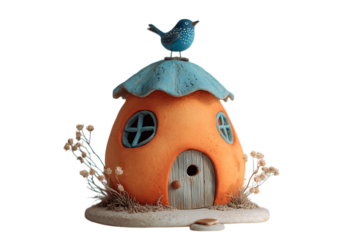 Whimsical fairytale cottage with bird