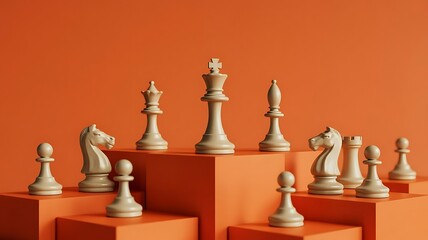 A strategic display of chess pieces arranged on orange cubes showcases a game of intellect and planning
