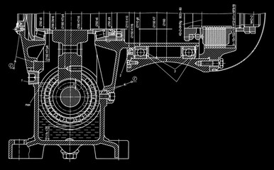 Engineering mechanical drawing of steel devices
- worm gear (reducer, gearbox, engine)
with dimension lines. Industrial 
cad scheme on paper sheet. Technology background
of machine building industry.