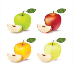 Apple fruit vector set in red and green colour. Set of apples and sliced apples isolated on white background. Whole, half, slice of red and green apple fruit with green leaves. Vector illustration