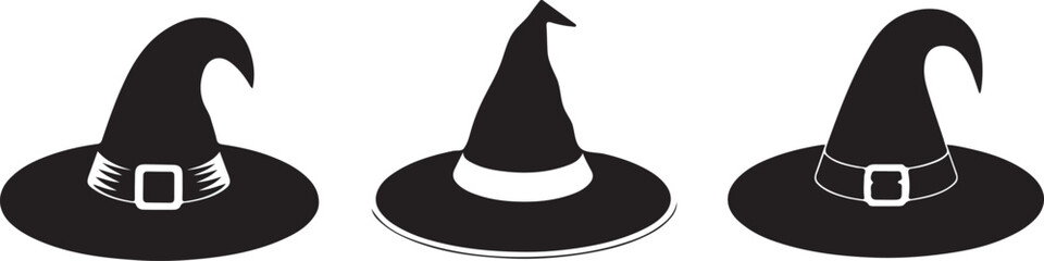 A Collection of Black Witch Hat Silhouettes Vector Illustration in Various Styles. Witch Hat Silhouette icon set