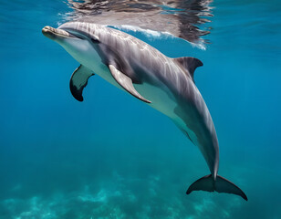 Obraz premium Dolphins jumping in the blue sea. A natural wallpaper. A dolphin in the blue water.