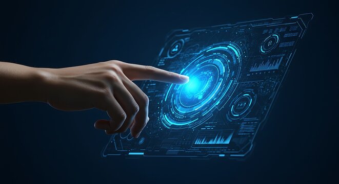 Hand Touching Futuristic Glowing Blue Digital Interface Display