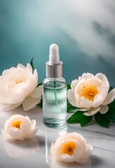 fresh peony flowers and bottle with cosmetic oil on a white marble background . Wellness, home skin care and spa relax treatment concept.