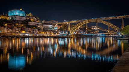 Bridge spanning a river, iconic, architectural, city lights at night, reflection
