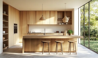bright modern kitchen interior with kitchen island, natural light, wooden cabinets, cozy minimal style 