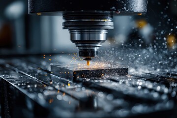 Sparks and mist fly as CNC machine sculpts metal into engineered form