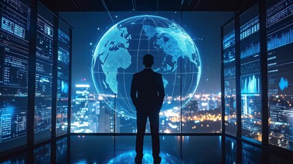 Visionary Businessman in a Futuristic Control Room Analyzing a Holographic Globe and Global Data - Powered by Adobe