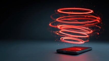 A smartphone emits swirling red neon light rings, creating a dynamic and futuristic spiral effect above the device against a dark background, futuristic phone holder