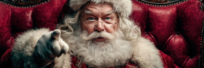 Obraz premium Santa Claus sitting in a red chair, pointing, with a snowy background during the holiday season