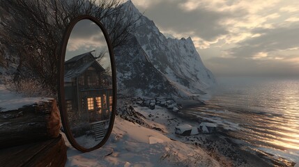 Fototapeta premium Winter Cabin Reflection Oval Mirror with Snow Mountains, Sea, and Sunset Glow Landscape