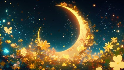 Enchanted Moonlit Garden: Golden Crescent, Floating Flowers, and Stardust Magic for Dreamy Design Projects