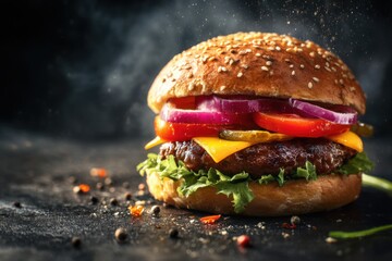 Juicy burger with fresh ingredients, close up, mouthwatering, dark background