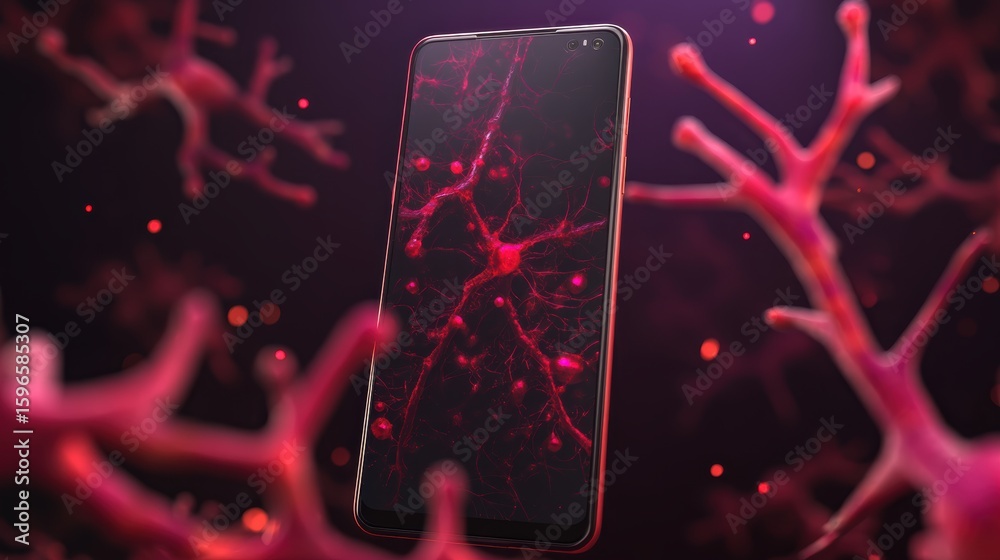 Aufkleber smartphone displaying neural network-like red connections, surrounded by similar neuron structures i