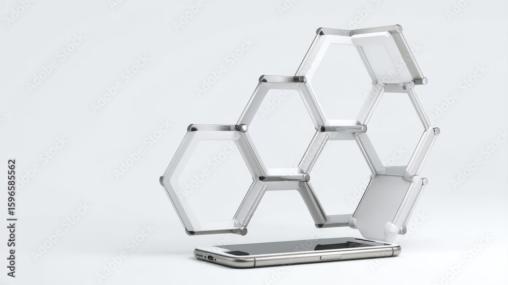 Poster a smartphone with a futuristic floating hexagonal grid structure emerging from its screen on a white