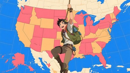 Cheerful Young Adventurer Climbing a Rope Against a Colorful Map of the United States
