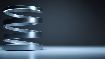 A shiny metallic spiral spring stands upright on a reflective surface against a dark gradient background.