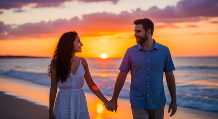 Couple holding hands during sunset on the beach, warm glow