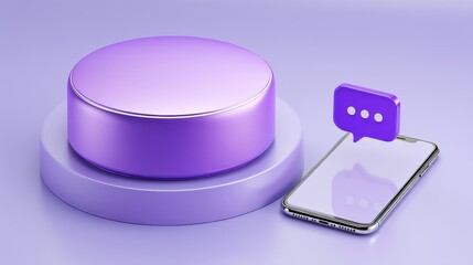 A sleek smartphone with a purple chat bubble icon next to a large purple button on a round platform, symbolizing digital communication and interaction, futuristic phone holder