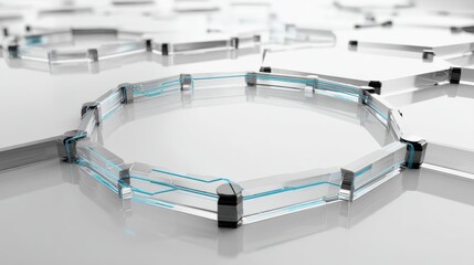 Transparent hexagonal glass-like structures interconnected with subtle blue circuit lines on a reflective white surface, futuristic phone holder