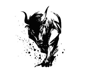力強い筆致で描かれた正面から迫る牛の墨絵風ベクターイラスト
