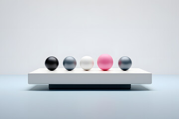 Balancing Act: A Minimalist Composition of Five Spheres Arranged on a Rectangular Platform, Showcasing Harmony, Contrast, and the Interplay of Colors and Textures on a Clean, Light-Toned Background