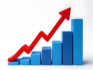 Visualizing Success A Dynamic Bar Graph with a Bold Red Arrow Symbolizing Growth, Progress, and Upward Trends Against a Clean White Backdrop Ideal for Business Presentations and Reports