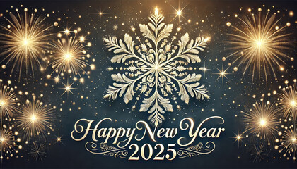 Celebrate the New Year 2025 with this festive design featuring a snowflake, fireworks, and joyful wishes.