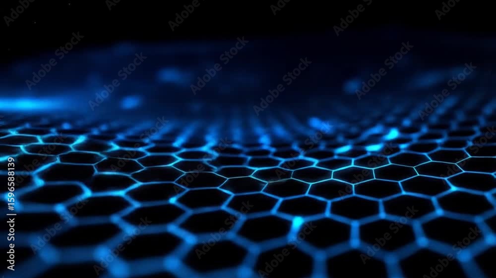 Wall mural futuristic glowing blue hexagonal grid surface in dynamic flowing movement.