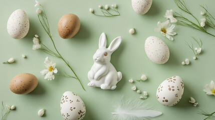 Happy Easter Concept. Flat lay easter composition with eggs, ceramic bunny, feathers and flowers on pastel green background. Top view, vertical