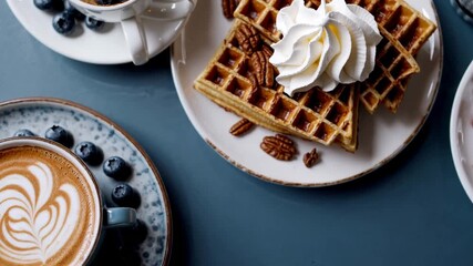 Delicious waffles topped with whipped cream and pecans served with coffee and blueberries at a cozy cafe - Powered by Adobe