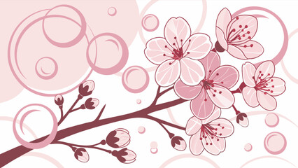Pink cherry blossom branch with buds and flowers on a background of circles and bubbles design