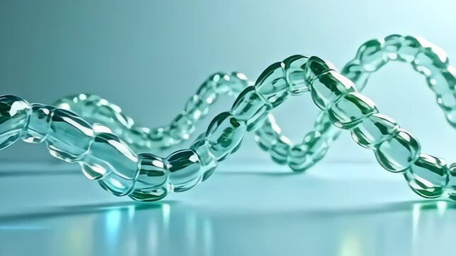 A mesmerizing scene unfolds as a transparent molecule twisting like braided silk ribbon gently undulates against a pristine alabaster backdrop, radiating bursts of azure and emerald hues,