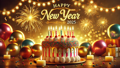 Naklejka premium Celebrate the New Year with a festive cake, colorful balloons, and sparkling candles in a vibrant setting full of joy.