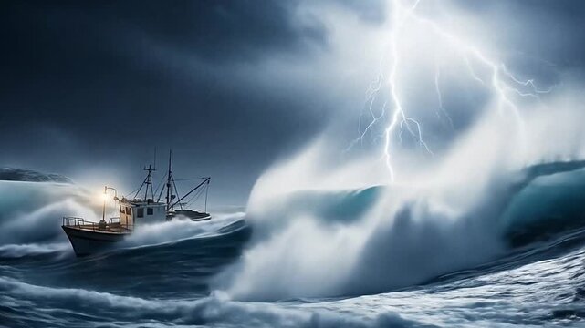 A powerful ocean storm unfolds at night. Gigantic waves crash under a dark, cloudy sky illuminated by flashes of lightning. A small fishing boat fights against the roaring sea, tossed by the relentles - Powered by Adobe