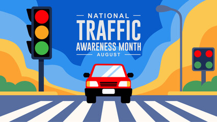 National Traffic Awareness Month is observed every year in August. Holiday concept. Template for background, banner, card, poster, social media design template with distinctive colors.