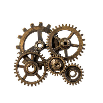 Intricate arrangement of steampunk style gears and cogs on transparent background