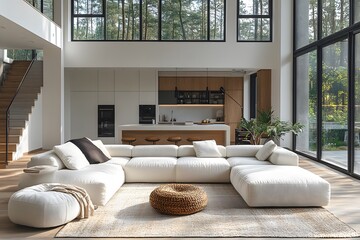 Modern Living Room with Forest View, White Sofa, and Natural Acc