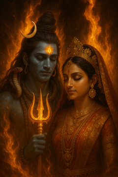 Fiery meditation of mahadev parvati radiating spiritual power and third eye awakening during sawan shivratri divine moment of peace and energy