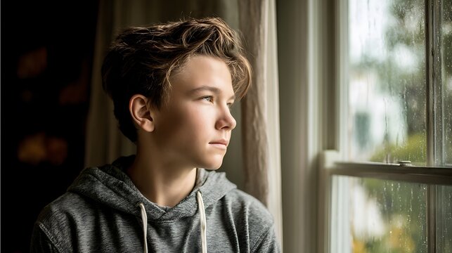 teen boy standing by window, looking outside with hopeful and pensive expression, natural daylight, symbolizing thinking about future, emotional youth transition photography 