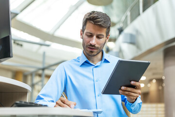 Smiling busy young employee, young entrepreneur using tablet computer, happy businessman executive looking at tab device analyzing finance trading market data working sitting at office desk.