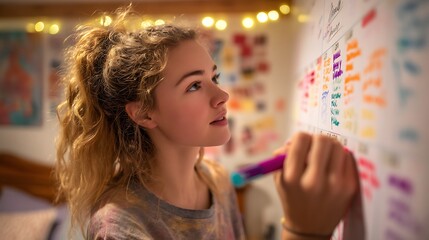 teen girl checking dates on a wall calendar with colored markers, planning future activities or deadlines, cozy bedroom environment, youth future planning photography 