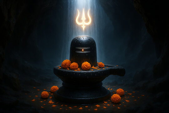 Powerful glowing shivling with floating trishul and marigold flowers in dark cave representing mahadev blessings during sawan purnima and sawan shivratri