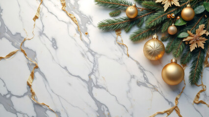 Elegant Christmas Decoration on Marble Background with Golden Ornaments and Festive Greenery