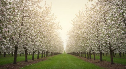 Obraz premium Blooming orchard, rows of trees