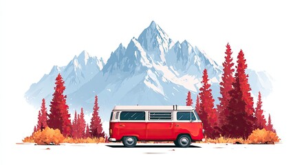 Red Van Parked Near Snowy Mountains and Red Trees