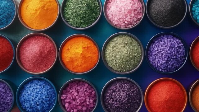 Vibrant Array of Colored Crystals: An eye-level shot showcasing an array of small, round containers filled with an assortment of brightly colored crystals.