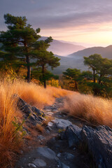 Scenic mountain landscape at sunrise, featuring rocky path through tall grass and evergreen trees, with soft light illuminating the serene natural environment
