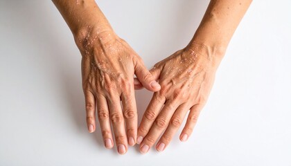 Fototapeta premium Psoriasis Awareness Concept. Hands with visible wrinkles and textures on a light background.