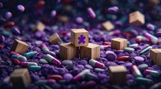 A captivating scene features vibrant capsules and pills against a textured purple backdrop, showcasing the interplay of colors and forms, inviting reflection on health and imagination.